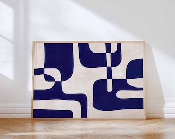 May include: Abstract art print featuring a geometric design in navy blue and off-white. The artwork is framed in a light wood frame and leans against a white wall. The design consists of curved shapes and lines.