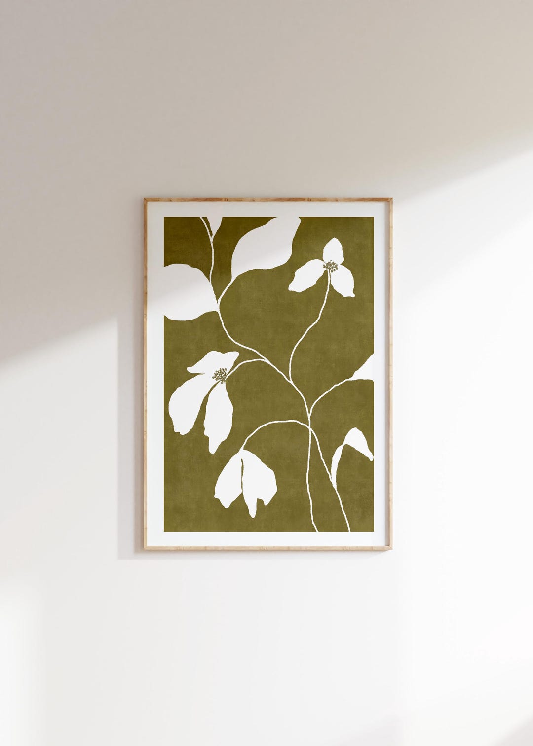 Minimal Floral Green White Art Print Boho Aesthetic Olive Green ...
