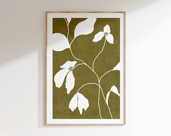 Impresión artística minimalista floral verde y blanco, estética bohemia, póster botánico verde oliva, arte de pared texturizado dibujado a mano imprimible, DESCARGA DIGITAL