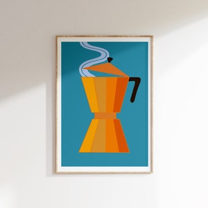 Puede incluir: Una ilustración enmarcada de una cafetera dorada con una tapa azul y vapor que sale del pico. El fondo es de color azul turquesa.