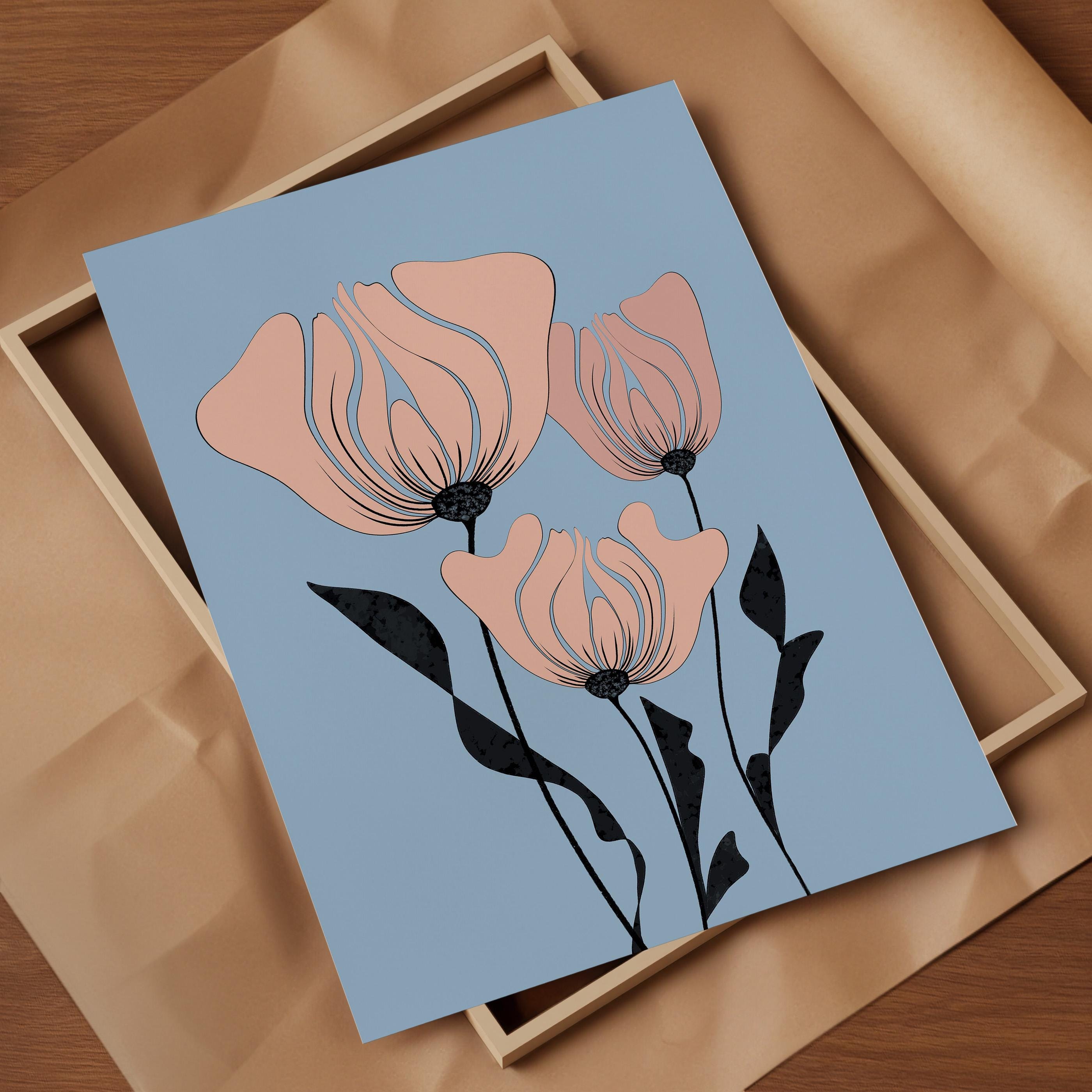 Light Blue Floral Wall Art, Pastel Pink Flowers Print, Unique Hand ...