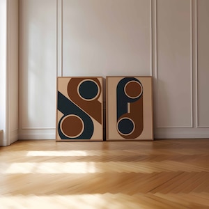 Pósteres de mediados de siglo, arte de pared geométrico de 2 piezas, juego de impresiones de arte retro, decoración de interiores de los años 60 y 70, juego de 2 impresiones en marrón, beige y negro