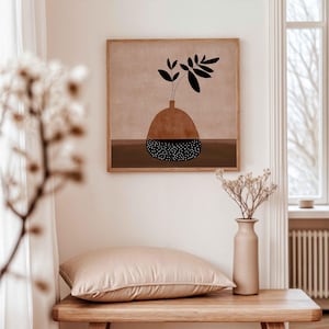 Arte de pared minimalista con planta beige en jarrón, póster floral cuadrado moderno, imprimible, impresión artística botánica dibujada a mano en colores terrosos, descarga digital