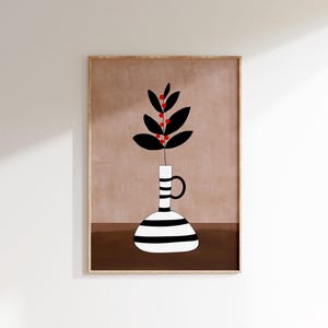 Arte mural con planta dibujada a mano en jarrón de rayas blancas y negras, impresión floral abstracta única, póster botánico beige de moda. DESCARGA DIGITAL.