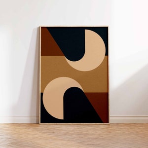 Arte de pared con acento de sala de estar, abstracto de impresión de arte de mediados de siglo, póster geométrico retro de los años 70, arte de pared negro beige marrón para decoración del hogar de moda