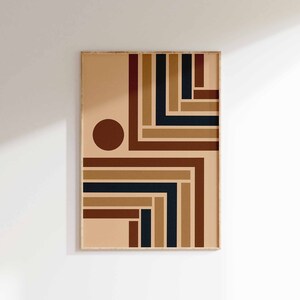 Impresión de arte geométrico simple de mediados de siglo, arte abstracto de pared a rayas, póster retro de los años 70, decoración de pared marrón y beige para la decoración de la sala de estar de moda