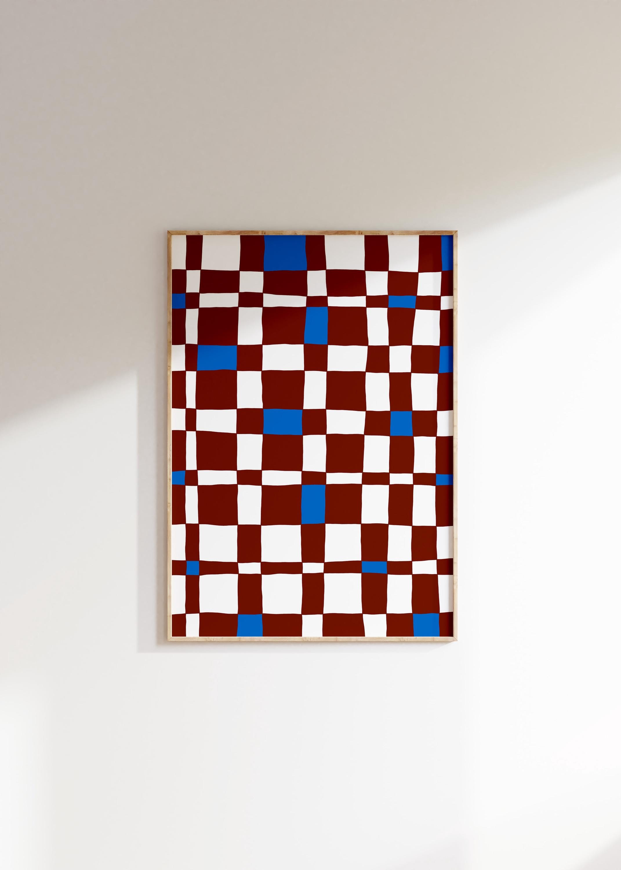Checked Simple Wall Art, Grid Minimal Art Print, Mid Century Modern Wall Decor, Brown White Blue Abstract Poster Printable DIGITAL DOWNLOAD