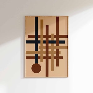 Impresión de arte geométrico abstracto de mediados de siglo, póster retro de los años 70, arte de pared marrón y beige para decoración del hogar de moda, arte de sala de estar neutro simple