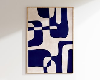 DIGITAL INSTANT DOWNLOAD Modern Abstract Navy Blue Art Print, Maximalist Living Room Wall Decor Printable, Organic Shapes Poster 300 dpi