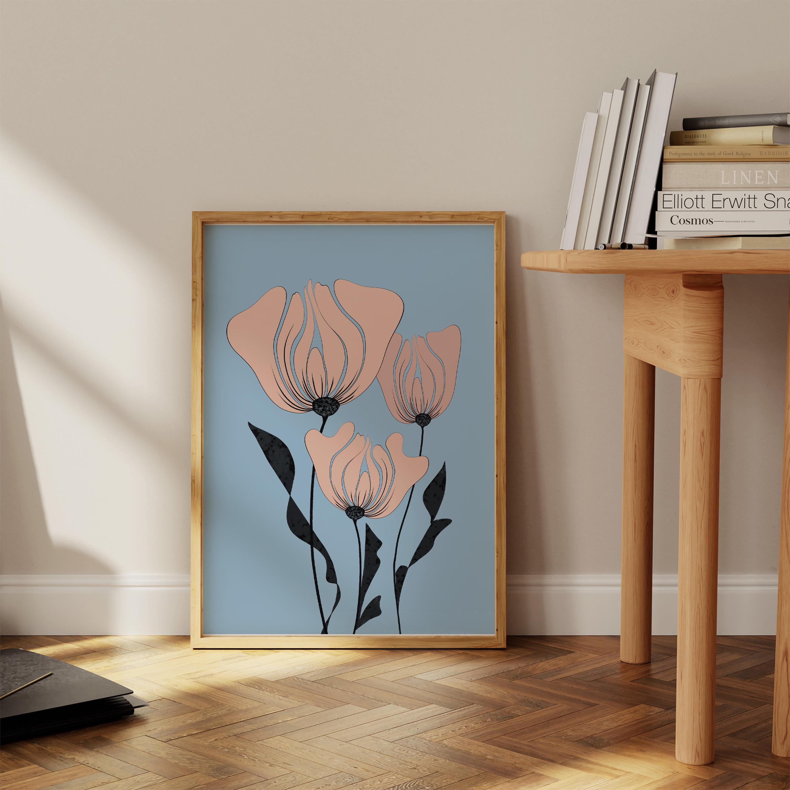 Light Blue Floral Wall Art, Pastel Pink Flowers Print, Unique Hand ...