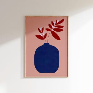 Impresión artística de jarrón azul grande, póster floral rosa imprimible, arte de pared minimalista simple dibujado a mano, descarga digital