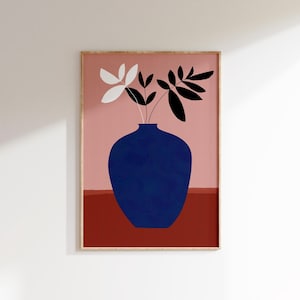 Arte de pared con flores dibujadas a mano en jarrón azul, estampado floral retro, póster botánico moderno para sala de estar, dormitorio, decoración de pared (DESCARGA DIGITAL)
