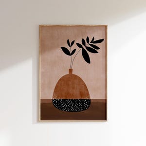 Jarrón redondo grande dibujado a mano, arte botánico para pared, póster floral beige neutro imprimible, impresión única en colores terrosos para sala de estar, descarga digital