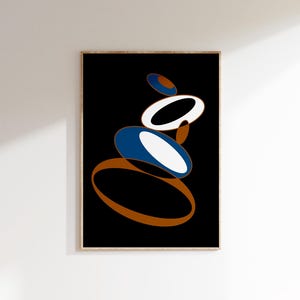 Póster imprimible de arte de pared abstracto, geométrico, negro, ovalado, moderno, para descargar digitalmente.