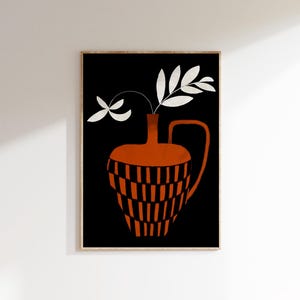 Póster imprimible de cerámica naranja con arte mural de jarrón griego antiguo, dibujo a mano, impresión artística única en negro, blanco y naranja, descarga digital
