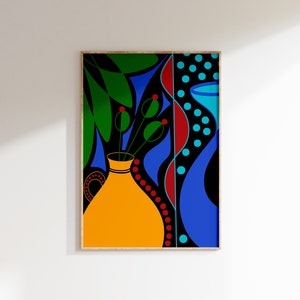 Plantas en jarrón único original dibujado a mano cartel imprimible colores vibrantes arte botánico impresión colorido arte de pared exótico DESCARGA DIGITAL