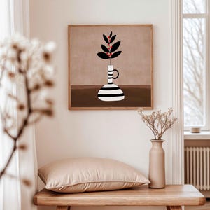 Póster imprimible de jarrón a rayas con diseño floral minimalista beige, diseño de flores en tonos tierra, arte botánico dibujado a mano, descarga digital