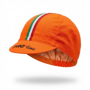 May include: Orange cycling cap with a short peak. The cap has a vertical stripe in the colours of the Italian flag and the text "PRO line" in black on the peak.