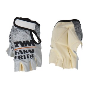 May include: A pair of white fingerless cycling gloves with black accents. The gloves have a black and orange logo that reads "TVM Farm Frites".