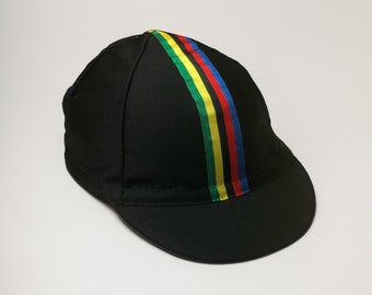 Vintage black cycling cap with iridescent ribbon World Cup Retro memories of cycling Made in Italy Helmet cap, racing bicycle