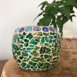Photophore en crackle mosaïque de couleur vert océan avec des cabochons motifs Mandalas image 6