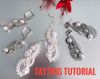 Può includere: Un paio di orecchini in pizzo bianco e argento con dettagli di perle. Gli orecchini sono appesi a ganci d'argento. L'immagine include anche il testo "Tatting Pattern PDF" e "Tatting Tutorial".