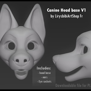 May include: A 3D-rendered canine head base in three views. The design includes a head base, ears, and eye sockets. The text reads "Canine Head base V1 by LirysbibiArtShop Fr." It is a downloadable file for PLA and TPU prints.