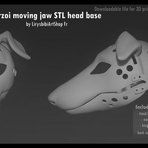 Puede incluir: Imagen en escala de grises de una base de cabeza STL de mandíbula móvil Borzoi para impresiones 3D. El diseño incluye una base de cabeza, orejas, bisagras y soporte trasero. El texto "Borzoi moving jaw STL head base" es visible, junto con el nombre del creador.