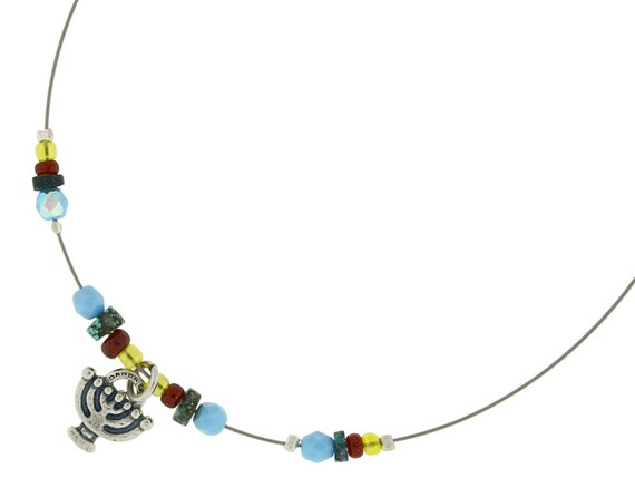 Jewish Necklace, Blue, Green, Red &Yellow Beads, … - image 1