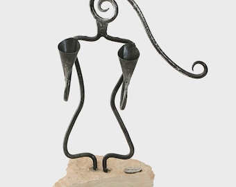 Metal and Jerusalem Stone Candle Holders, Woman Figure Israel By Stone & Steel