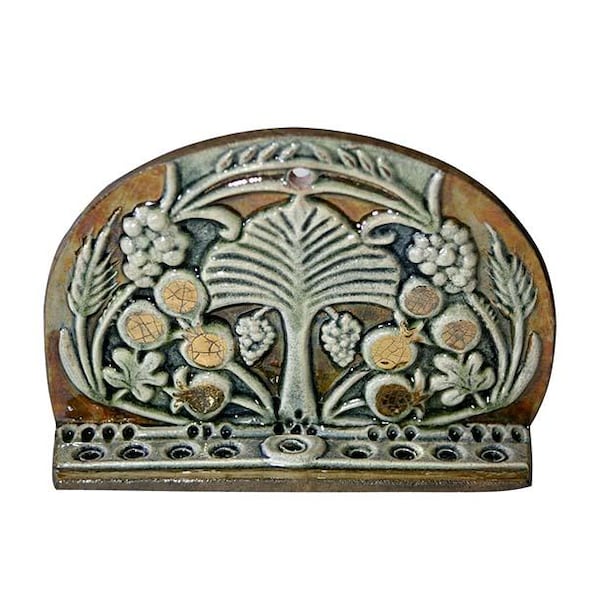 Gold Gray Ceramic Menorah Design of seven 7 fruits & grains 6.5" T Israel