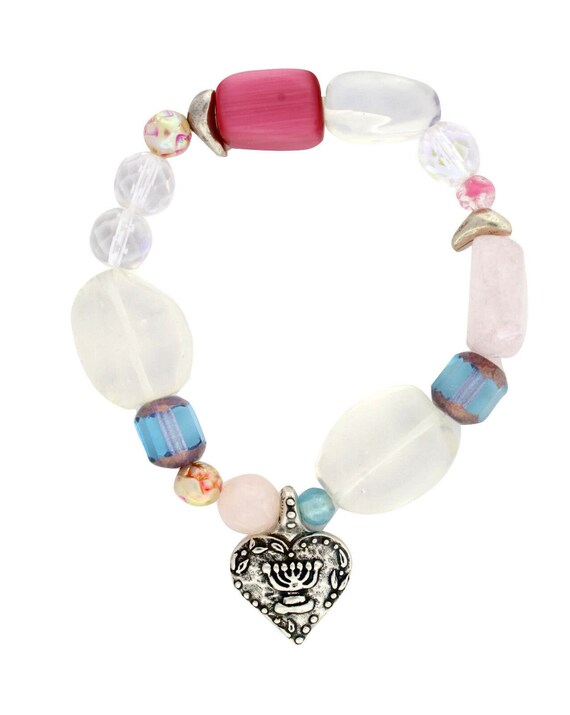 Pink, Blue & Clear Beads Bracelate, Star of David… - image 1