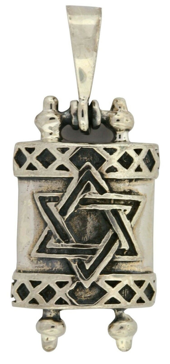 Sterling Silver MEZUZAH PENDANT Torah Shape Star … - image 1