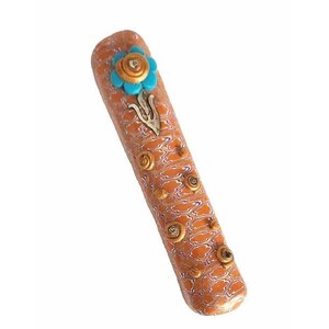 Orange Fimo Polymer Clay Mezuzah ,Turquoise Flower & Orange Circles 5" Tall