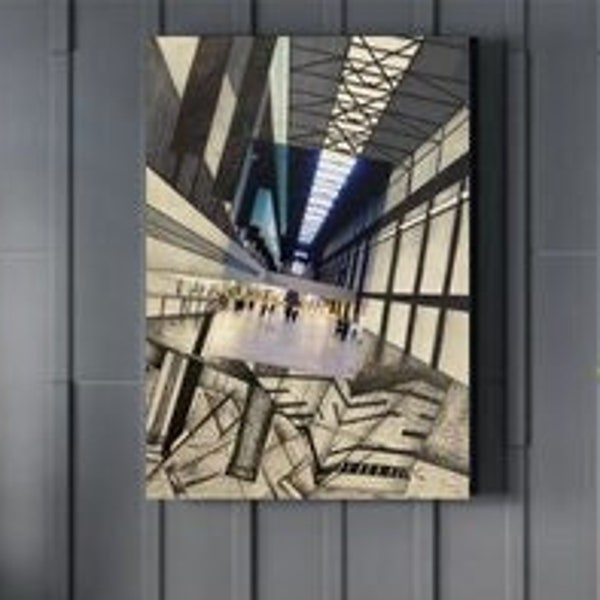 Turbine Hall in Tate Modern London Original Painting vintage Architecture Art Print (Options de taille disponibles), Art Museum Poster, City Poster
