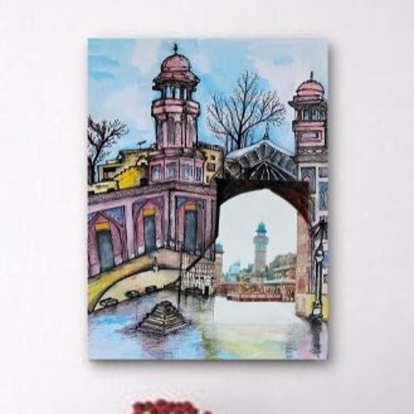 Mosquée Wazir Khan impression | Lahore Pakistan mosquée aquarelle peinture technique mixte | affiche de voyage de Lahore | Architecture Art | Art islamique