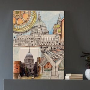 St Paul&#39;s Cathedral London Original Painting Vintage Architecture Art Print (Size Options Available), London Travel Poster, London Wall Art
