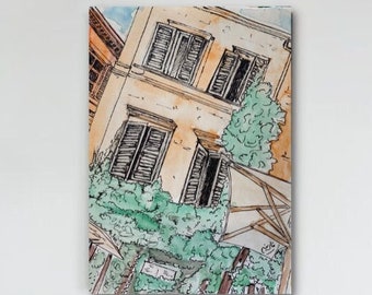 Trevi Beau Hotel in Rome Italy Original Painting Vintage Architecture Art Print (Size Options Available), Rome Wall Art, Ancient Rome Art