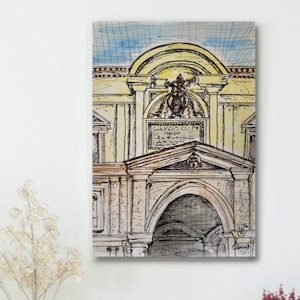 Vaticaan Museum Italië origineel schilderij Vintage architectuur Art Print (maatopties beschikbaar), oude architectuurposter, reiskunstwerk