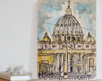 St Peter’s Square Rome Italy Original Painting Vintage Architecture Art Print (Size Options Available), City Poster, Rome Wall Art