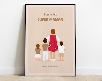 Personalized gift for mom | Mother's Day poster | Family portrait illustration | Original gift for mom | Super mom poster