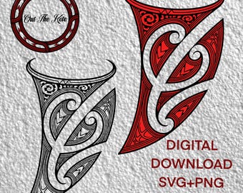 Puede incluir: Dos diseños tribales maoríes en blanco y negro, uno con relleno rojo, con el texto "Out The Kete" en un círculo rojo arriba. El texto "DIGITAL DOWNLOAD SVG+PNG" está debajo de los diseños.