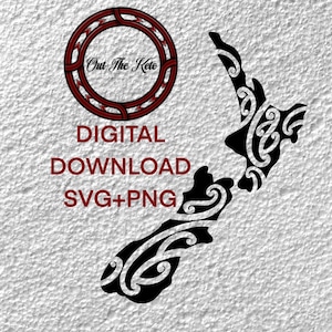 May include: Black and white digital download of a Maori design of the outline of New Zealand. The design is intricate and detailed. The text "Out The Kete" is in a red circle with a Maori design.