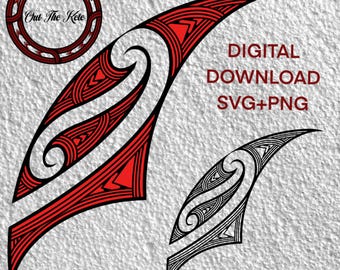 Puede incluir: Dos diseños tribales maoríes estilizados en negro y rojo, uno más grande que el otro. El diseño más grande está relleno de líneas rojas y negras. El diseño más pequeño es en blanco y negro. El texto "DIGITAL DOWNLOAD SVG+PNG" está en negro sobre fondo blanco.