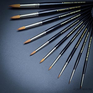 May include: A set of ten paint brushes with black handles and gold lettering. The brushes are arranged in a fan shape on a grey surface. The lettering on the handles reads "Rosemary & Co. Spotter Red Dot" and includes the size of each brush.