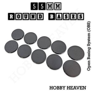 May include: A collection of ten 55mm round bases, perfect for miniature gaming. The bases are a dark gray color and have a textured surface. The text "55 MM ROUND BASES" is displayed at the top of the image.