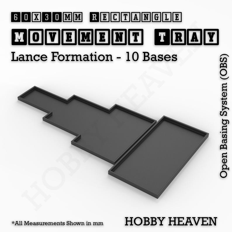 K&ouml;nnte beinhalten: Ein schwarzes Plastiktablett, das f&uuml;r die Bewegung in einem Kriegsspiel entworfen wurde. Das Tablett ist 60 mm x 30 mm gro&szlig; und mit "Movement Tray" beschriftet. Das Tablett ist f&uuml;r eine "Lance Formation" von 10 Basen ausgelegt. Das Tablett ist Teil eines "Open Basing System (OBS)".