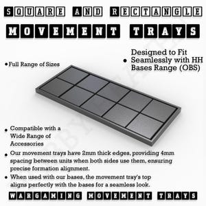K&ouml;nnte beinhalten: Ein schwarzes Tablett aus Metall mit 10 quadratischen F&auml;chern. Das Tablett ist so konzipiert, dass es nahtlos zu den HH Bases Range (OBS) passt. Das Tablett hat 2 mm dicke Kanten, die einen Abstand von 4 mm zwischen den Einheiten erm&ouml;glichen. Der Text "SQUARE AND RECTANGLE MOVEMENT TRAYS" befindet sich oben im Bild.