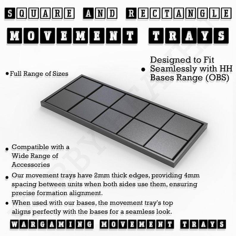 K&ouml;nnte beinhalten: Ein schwarzes Tablett aus Metall mit 10 quadratischen F&auml;chern. Das Tablett ist so konzipiert, dass es nahtlos zu den HH Bases Range (OBS) passt. Das Tablett hat 2 mm dicke Kanten, die einen Abstand von 4 mm zwischen den Einheiten erm&ouml;glichen. Der Text "SQUARE AND RECTANGLE MOVEMENT TRAYS" befindet sich oben im Bild.