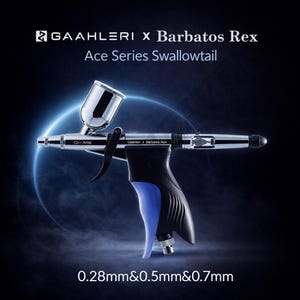 May include: A silver and black airbrush with a blue handle, labeled "GAAHLERI x Barbatos Rex Ace Series Swallowtail." The image also displays the text "0.28mm&0.5mm&0.7mm."